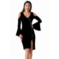 Black Cold Shoulder Button Detail Slit Midi Dress